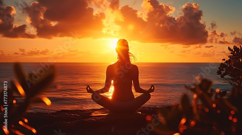 Silhouette young woman practicing yoga on the beach at sunset. Meditation Background AI generated