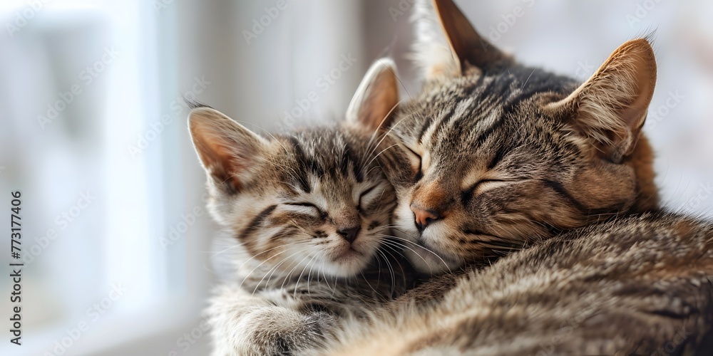 Loving Mother Cat Cuddling and Comforting Her Sleeping Kitten in Cozy Sunlit Spot on Peaceful White Background with Copy Space