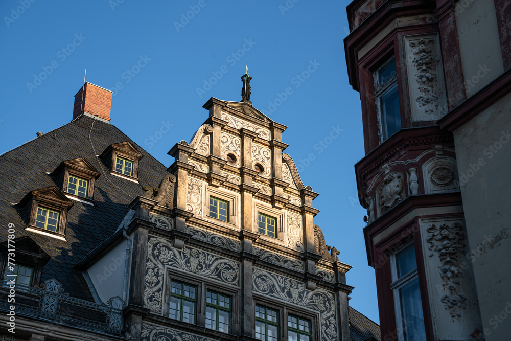 Town hall of the city of Altenburg in Thuringia. Half-timbered house from the Renaissance. Facade on the market square in Altenburg.