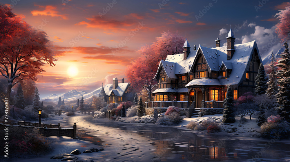 A cozy winter cottage near the river, covered in snow. A gentle stream winds through the front yard under the warm hues of the sunset