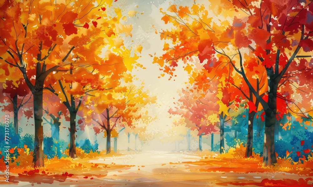 Enchanting Autumn Forest Scene with Vibrant Orange and Yellow Foliage in Soft Sunlight