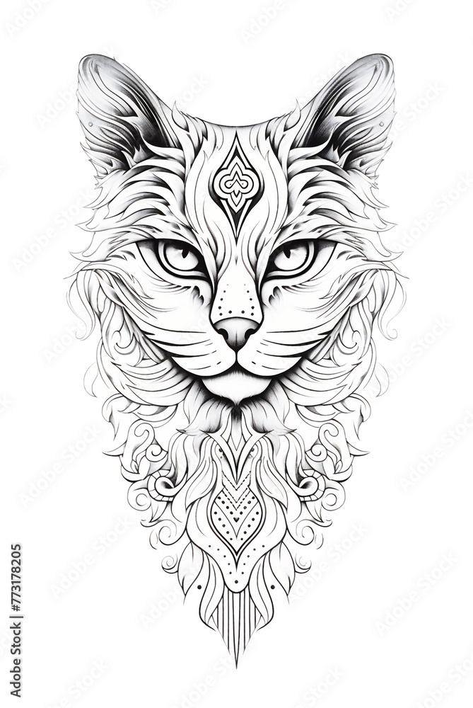 Fototapeta premium Abstract cat tattoo in black and white line art style. Abstract geometric pattern. Doodle illustration. Hand drawn vintage design. Geometric shape and Ink art. 