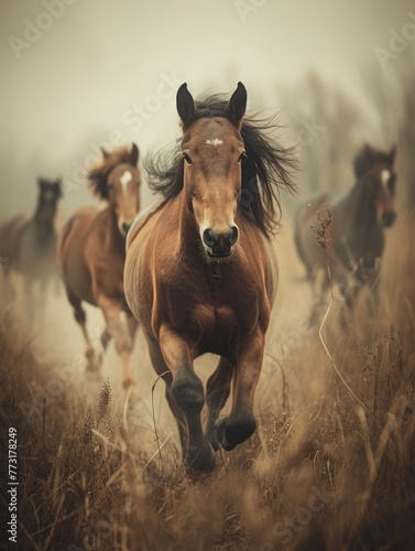 Majestic horses galloping through a golden field, one leading with intense gaze, others blurred in motion.