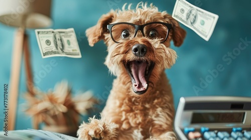 A happy dog with glasses, immersed in a shower of money, suggesting financial acumen.