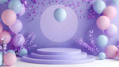 3d render festive podium display with color balloons on purple background. Pedestal for product presentation  prize winner award or kids birthday party. Discount or sale announcement. 3D Illustration
