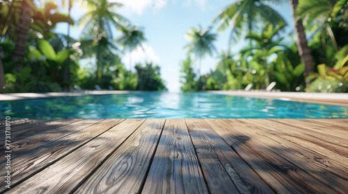 a hyper-realistic, minimalist image of an empty wooden deck with a tropical swimming pool in the background, evoking summer vibes photo