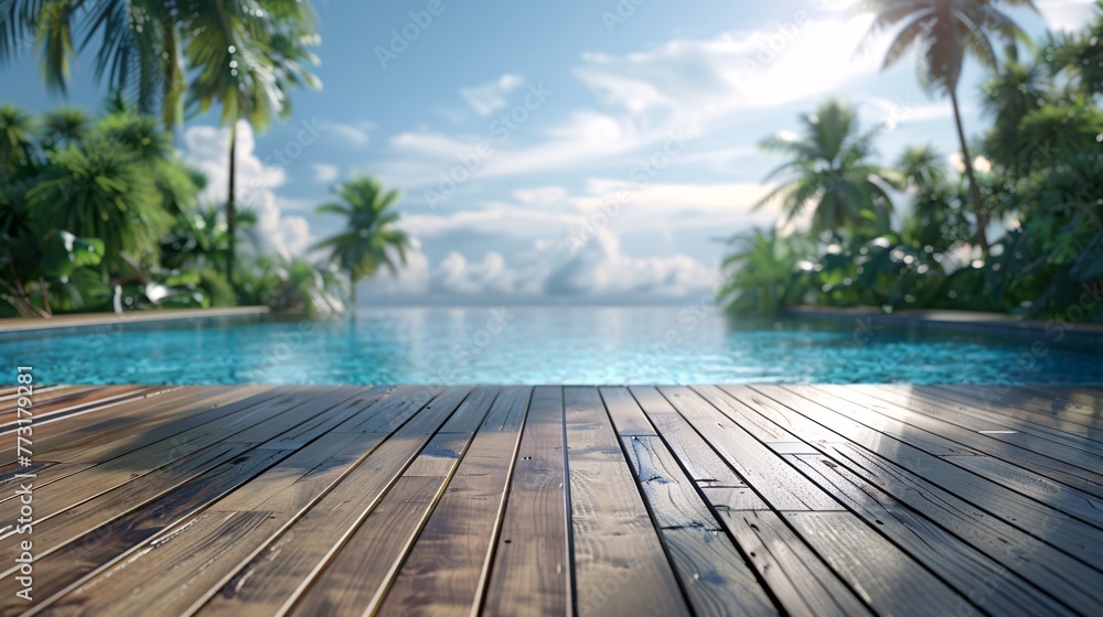 a hyper-realistic, minimalist image of an empty wooden deck with a tropical swimming pool in the background, evoking summer vibes