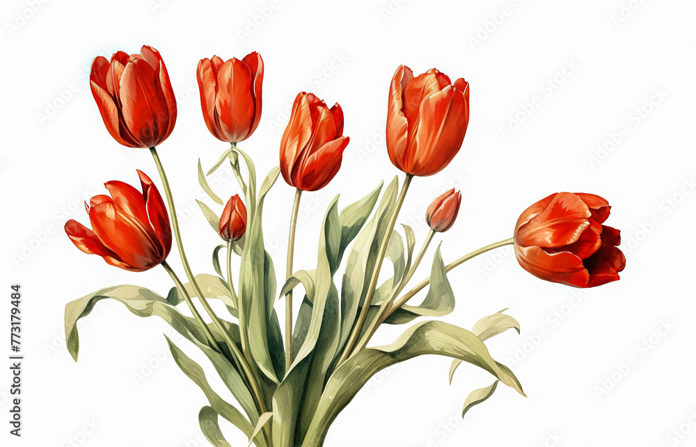A bouquet of red tulips with green leaves. A bouquet of red tulips with green leaves.