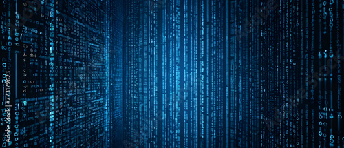 Binary Code Matrix. Digital Data Stream. Cyber Technology. Elegant Blue Coding Panorama Background