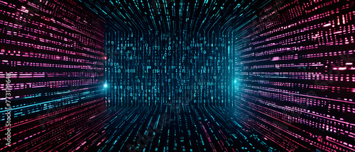 Neon Binary Code Matrix. Digital Data Stream. Cyber Technology. Cybersecurity Concept Panorama Background.