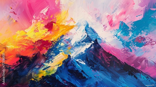 an abstract acrylic painting of Mont Blanc mountain with a mountaineer battling a storm, featuring bold strokes and vibrant colors