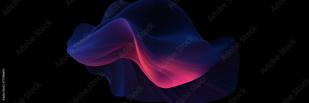 Flowing blue and pink neon light forms against a black background for modern design, abstract shape, dynamic interplay