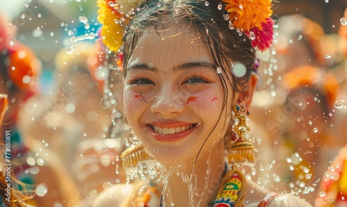 Happy, wonder, and joy people in Songkran festival in Thailand, a candid moment of friends sharing laughter as they splash water under the bright