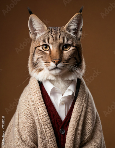 Lynx face, wearing in a cardigan and shirt for a photo shoot on a chestnut, gray plain background, in an ultra-detailed style.