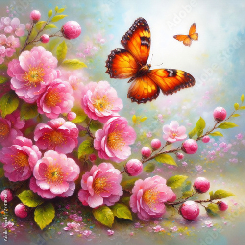 bright colorful flowers in pink and blue tones and butterfly wth gold tint © Fabian