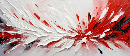 Red and white abstract palette knife painting background, traditional art textured backdrop