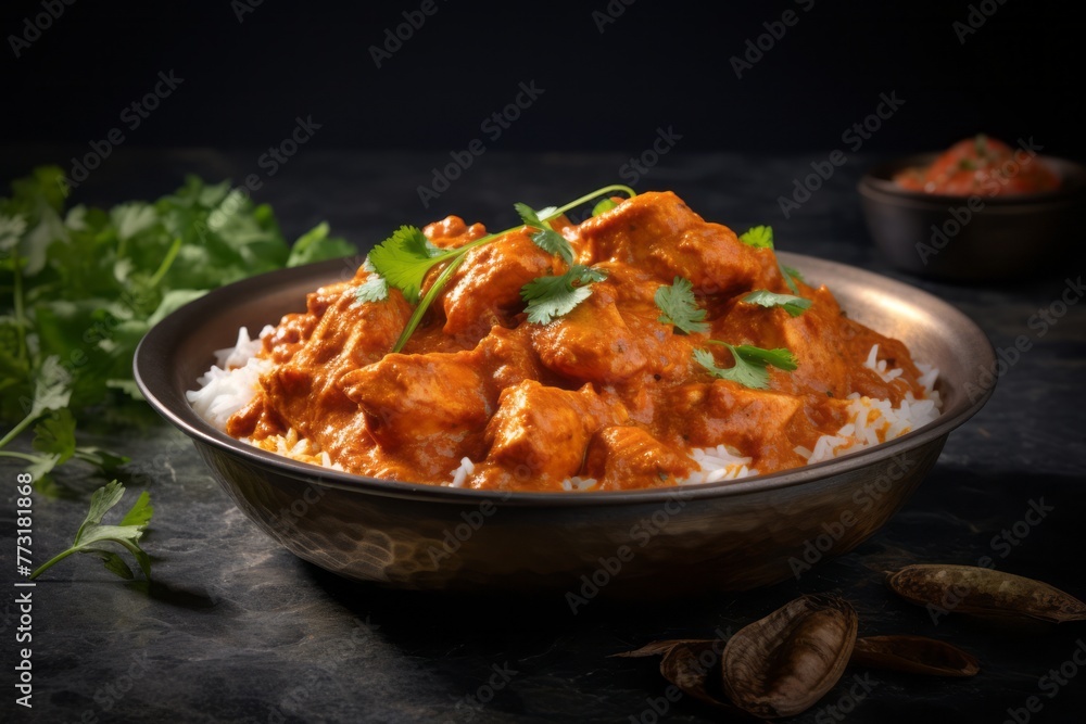 Refined chicken tikka masala on a marble slab against a polished metal background