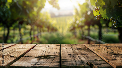 Empty wood table top with blurred vineyard landscape on background. Mockup for wine products. Agriculture winery and wine tasting concept. Space for text.