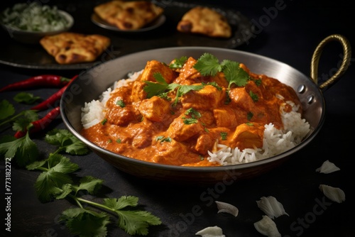 Refined chicken tikka masala on a marble slab against a polished metal background