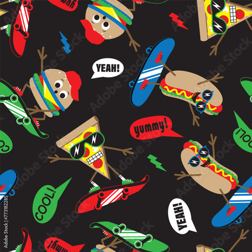 Cartoon Burger, pizza and hotdog skateboarding in cap and sunglasses. Seamless pattern on black background. Vector illustration.