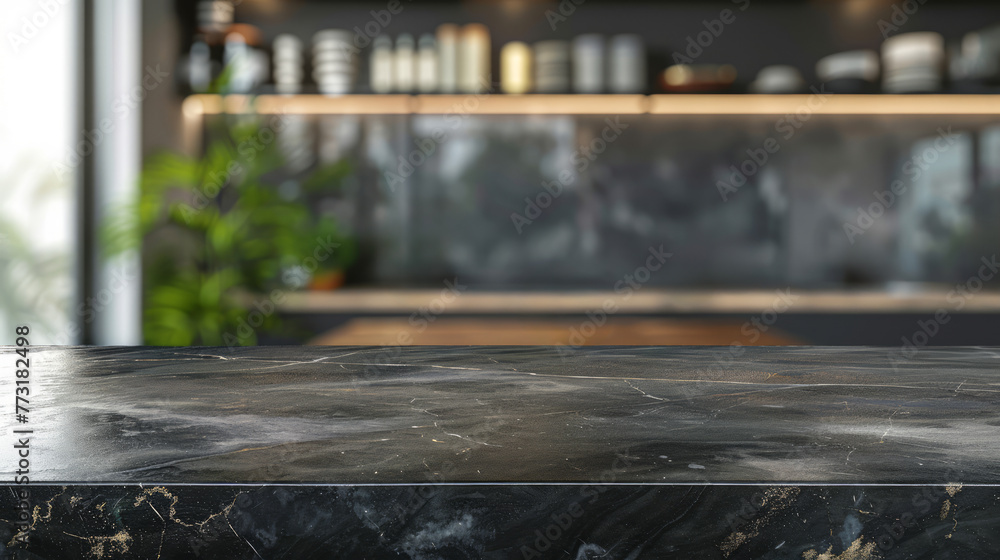 Dark marble  countertop. Grey table top. Blurred kitchen interior background. Empty space for product. Mockup. 