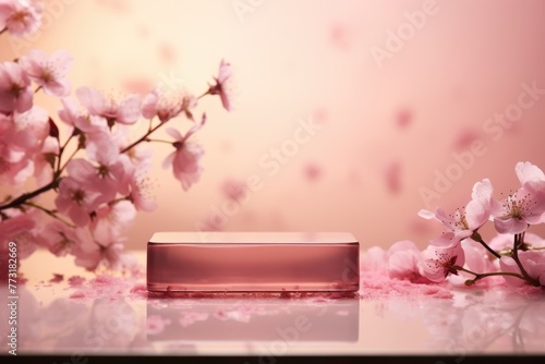 Product display podium with pink floral background.