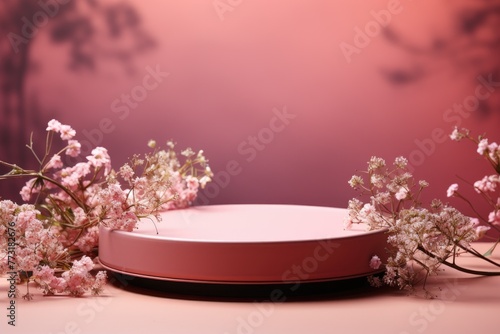 Product display podium with pink floral background.