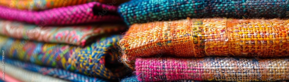 A close-up of a stack of colorful random fabric swatches A close-up of a stack of colorful random fabric swatches