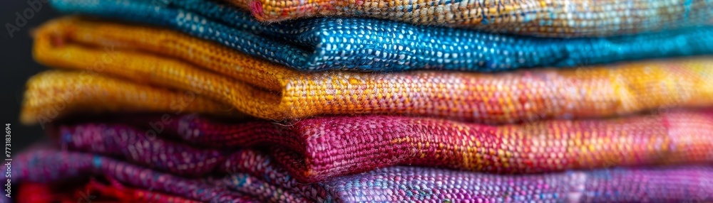 A close-up of a stack of colorful random fabric swatches A close-up of a stack of colorful random fabric swatches
