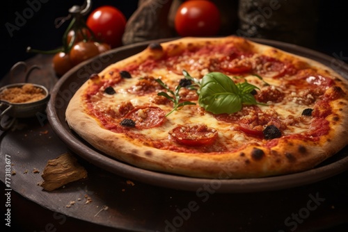 Juicy pizza in a clay dish against a leather background