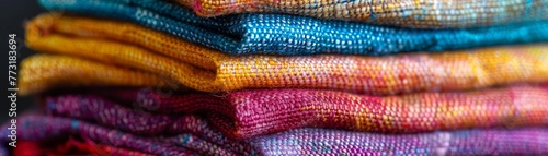 A close-up of a stack of colorful random fabric swatches © Naret