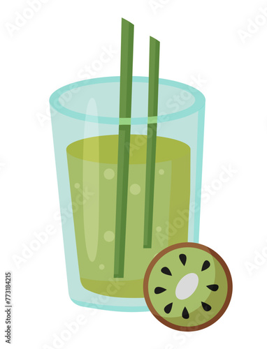 Fruit cocktail in glass with straw. Fresh kiwi summer drink. Vector illustration.