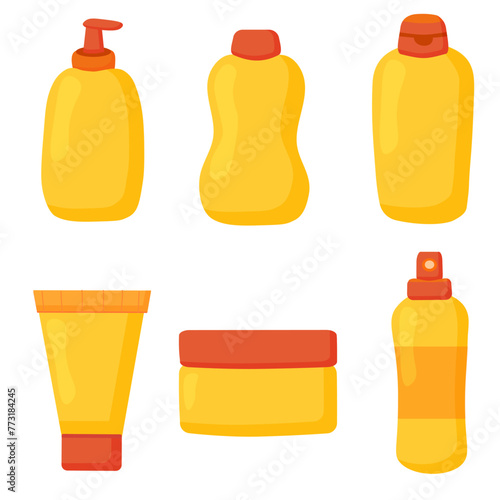 Creams, lotion, mousse, spray Set. Cosmetics collection. Skin care products. Vector illustration.