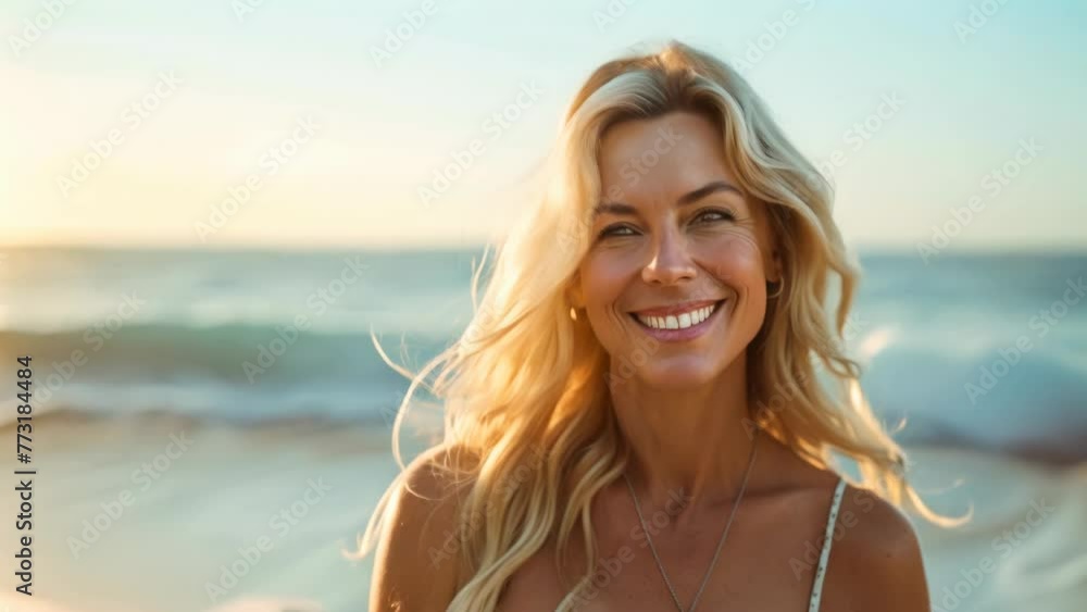 Captivating 40-Year-Old Walking Along Shoreline. Generative ai Captivating 40-Year-Old Walking Along Shoreline. Generative ai