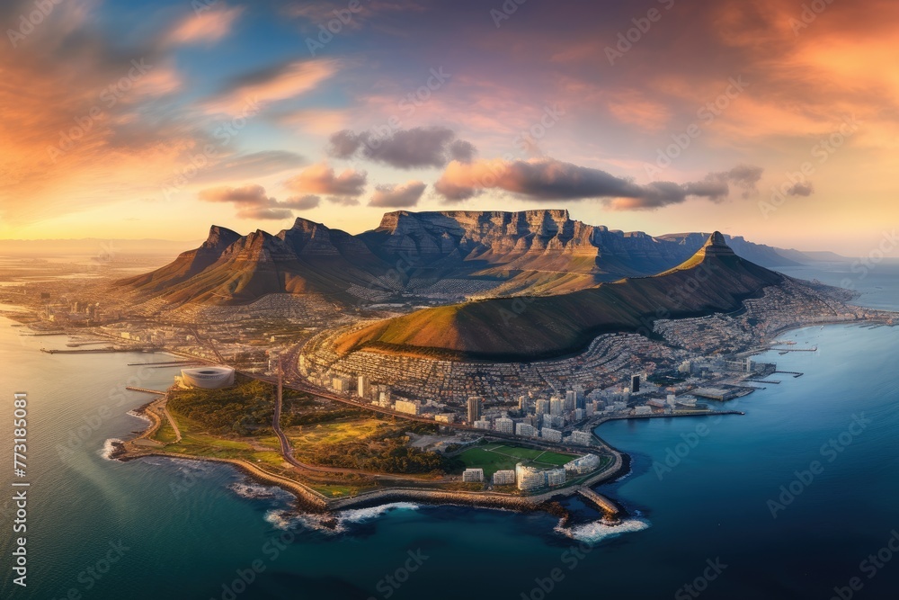 Naklejka premium Aerial view of Table Mountain at sunset , Aerial panoramic view cityscape at sunset, Ai generated