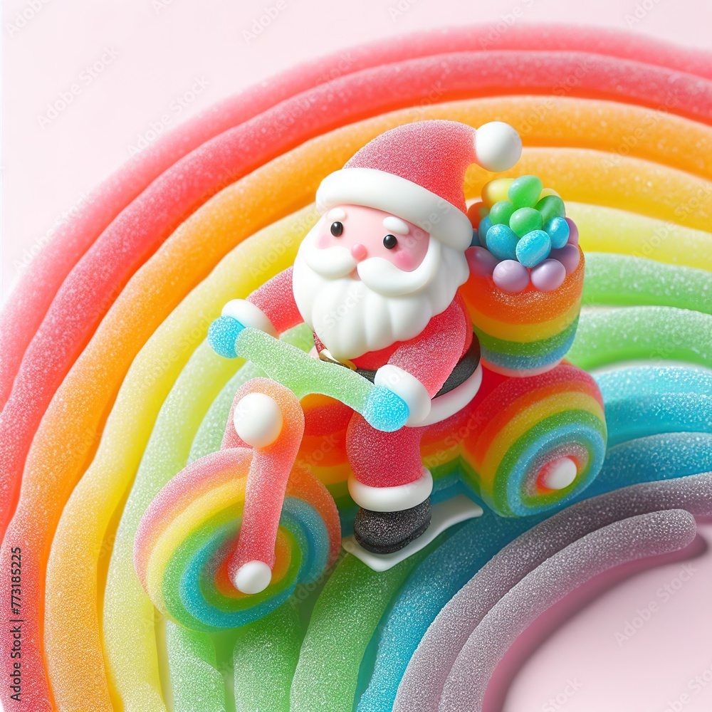 a cute santa ridding motorbike made of pastel color rainbow gummy candy on a white background