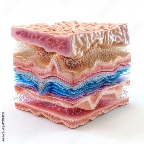 3D skin cell layers, epidermis to dermis detailed, white background photo