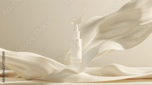 A serene composition featuring a clear serum bottle with a single drop suspended in the air, amidst a backdrop of flowing satin fabric.