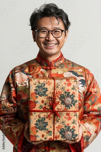 Happy Asian man with gift box in hands on white background