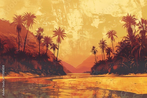 a river with palm trees and mountains