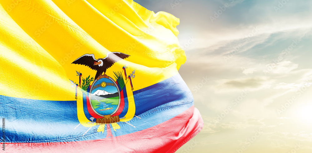 Ecuador national flag waving in the sky.