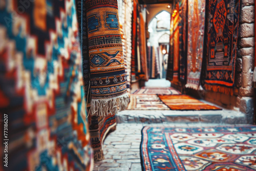 Stacked Persian rugs in a variety of patterns © Slepitssskaya
