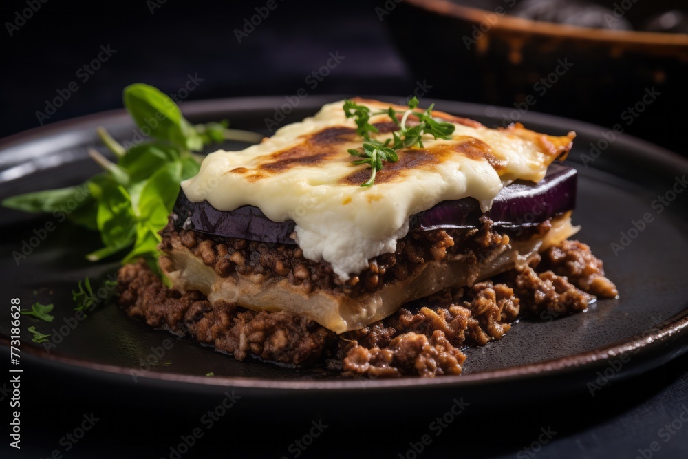 Refined moussaka on a rustic plate against a leather background Refined moussaka on a rustic plate against a leather background