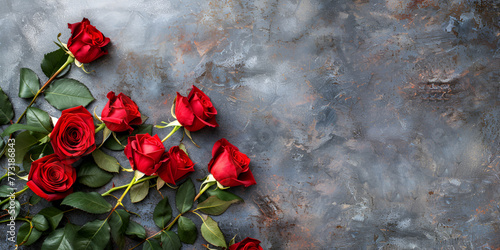 Top view red roses for valentines day on light gray background