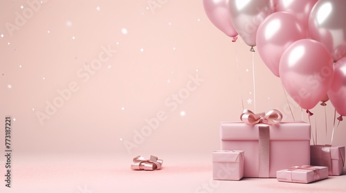 a pink gift box with balloons