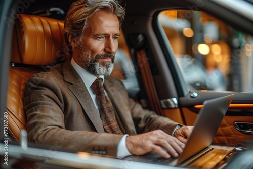 businessman reclines in the plush leather seat of his luxury car, dressed in a sharp suit and tie, as he works on his laptop during a chauffeured ride to the airport or an important meeting photo