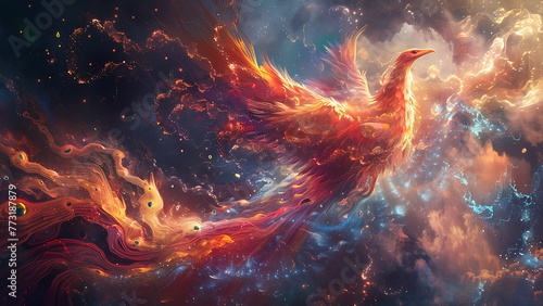 painting style illustration,  beautiful elegance phoenix bird spreading wing , Generative Ai