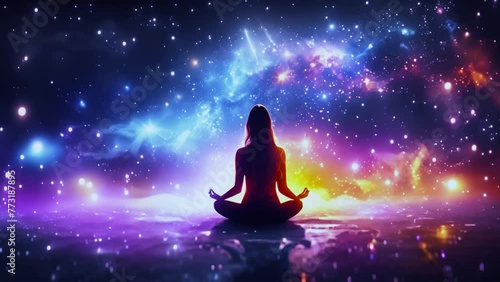 Mindfulness meditation concept. Meditation on top of the world. A woman sits in the lotus position engaged in spiritual practice. Silhouette of a girl and a galaxy. Surrealistic Picture. Space, galaxy photo