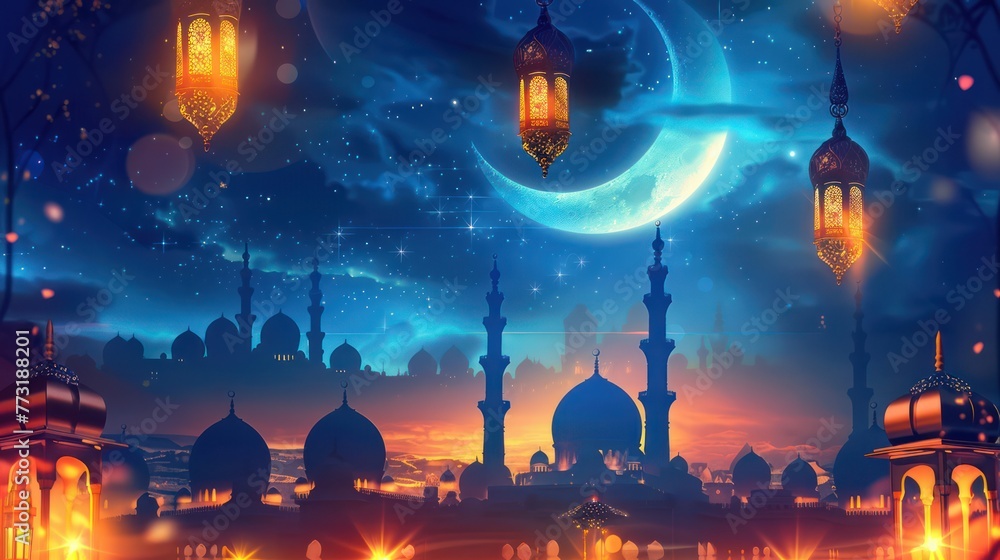 Fototapeta premium Ramadan Celebration with background of Moon and Mosque