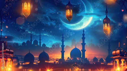 Ramadan Celebration with background of Moon and Mosque © Left